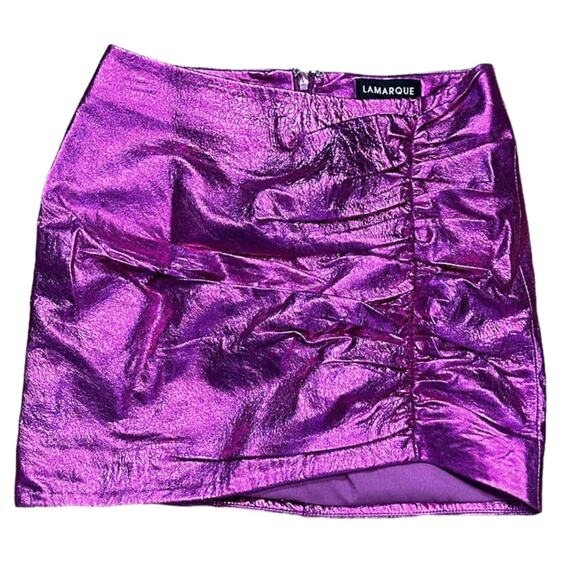 Lamarque Purple Leather Mini Skirt XS Metallic Ruched Micro Designer $375 NEW - Picture 4 of 9